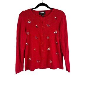 Studio Joy Sweater Women PL Red Button Down Festive Christmas Embroidery Holiday